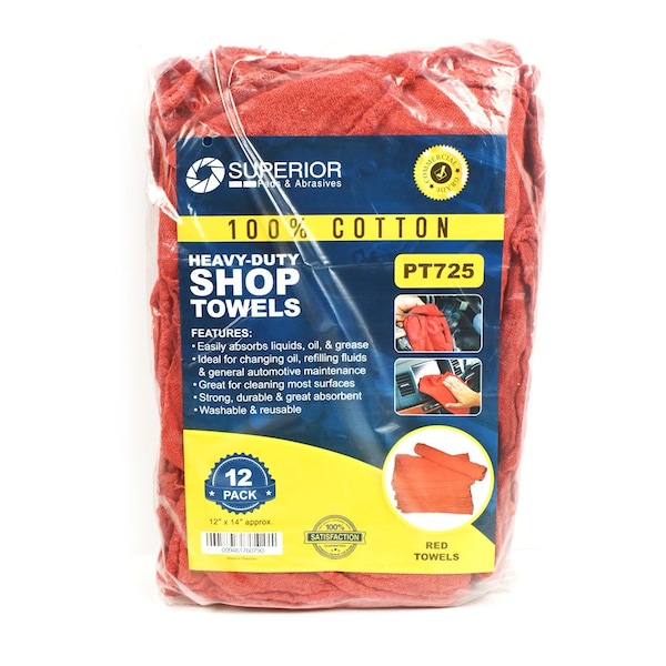 Superior Pads And Abrasives 12 Inch x 14 Inch Red Shop Towel - 100% Cotton, PK 12 PT725 - main